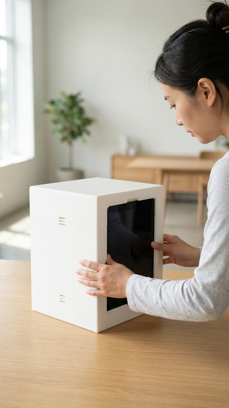 아이패드를 부스에 장착하는 모습